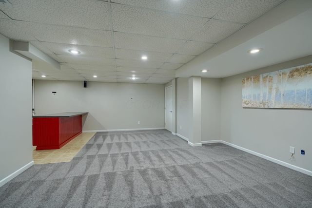 1899 Lamb Rd NW, Carroll, OH 43112 - finished basement with carpet flooring, recessed lighting, baseboards, a dry bar, and a paneled ceiling