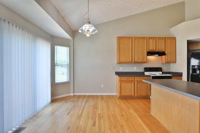 5988 Carnegie Cove Ct, Columbus, OH 43213 - kitchen with under cabinet range hood, vaulted ceiling, black refrigerator with ice dispenser, light wood finished floors, and range with electric stovetop