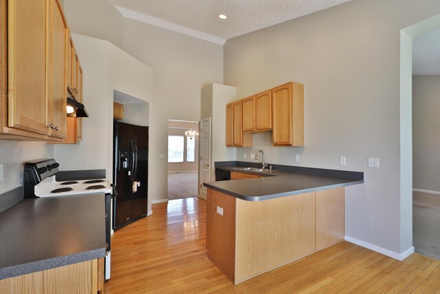 5988 Carnegie Cove Ct, Columbus, OH 43213 - kitchen with black appliances, a sink, dark countertops, a peninsula, and a high ceiling