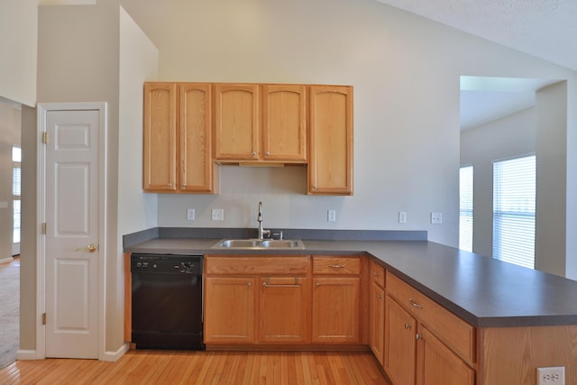 5988 Carnegie Cove Ct, Columbus, OH 43213 - kitchen featuring dishwasher, a sink, light wood-style floors, dark countertops, and lofted ceiling