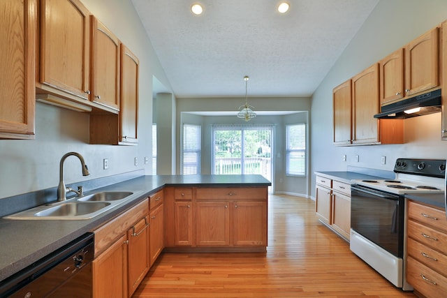 5988 Carnegie Cove Ct, Columbus, OH 43213 - kitchen with range with electric stovetop, under cabinet range hood, black dishwasher, a sink, and a peninsula