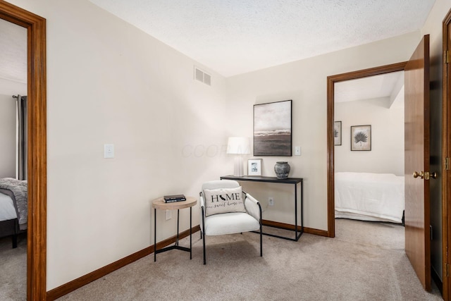 living area featuring carpet floors, baseboards, and a textured ceiling