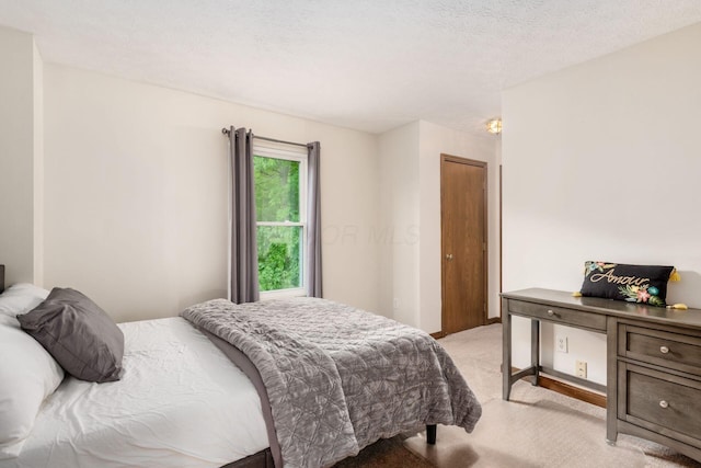 bedroom with light colored carpet