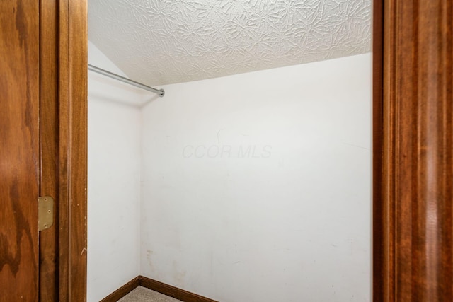 walk in closet featuring lofted ceiling and carpet floors