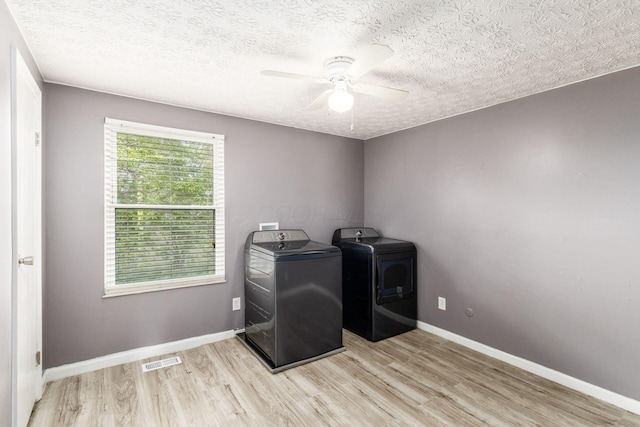 1279 Reana Dr, Galloway, OH 43119 - laundry room with washer and dryer, light wood-style flooring, ceiling fan, a textured ceiling, and baseboards