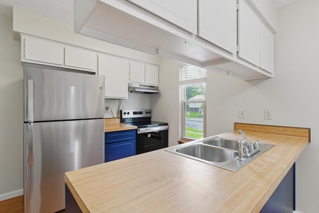 4726 Wendler Blvd, Columbus, OH 43230 - kitchen with appliances with stainless steel finishes, under cabinet range hood, a sink, and butcher block countertops