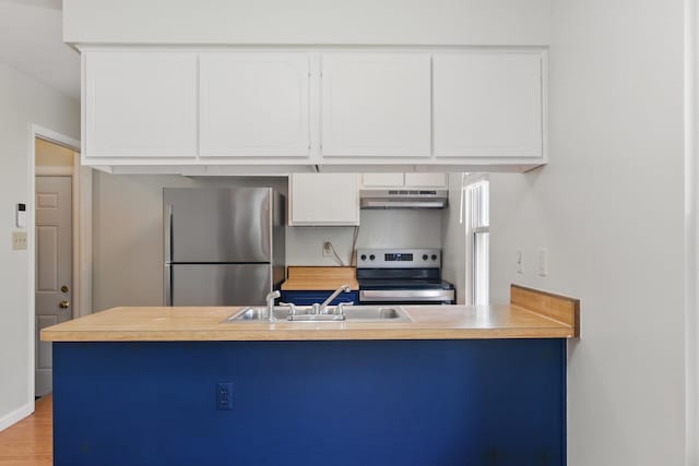 4726 Wendler Blvd, Columbus, OH 43230 - kitchen featuring appliances with stainless steel finishes, a sink, under cabinet range hood, white cabinets, and a peninsula