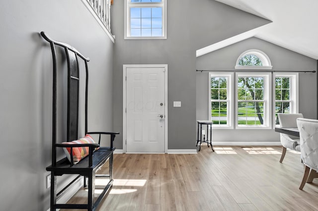4008 Ryleland Ct, Powell, OH 43065 - foyer entrance featuring healthy amount of natural light, light wood finished floors, high vaulted ceiling, and baseboards