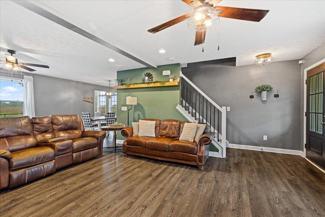 2460 N Court St, Circleville, OH 43113 - living room featuring ceiling fan, wood finished floors, stairs, plenty of natural light, and a textured ceiling
