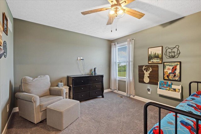 2460 N Court St, Circleville, OH 43113 - carpeted bedroom featuring a textured ceiling, baseboards, and a ceiling fan