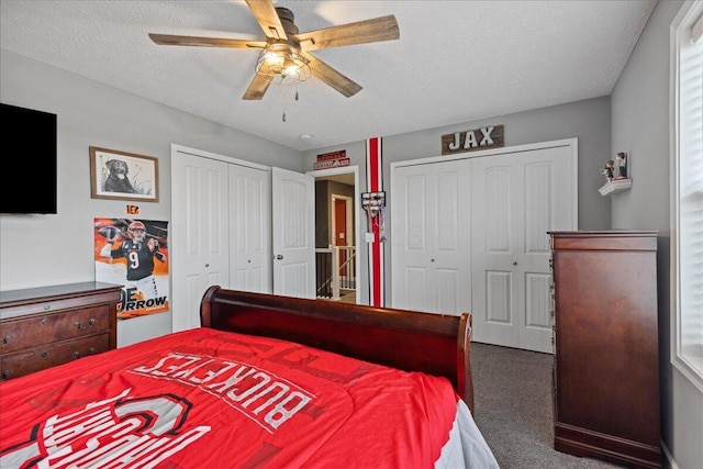 2460 N Court St, Circleville, OH 43113 - carpeted bedroom featuring two closets, a textured ceiling, and ceiling fan
