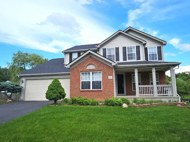 464 Highbanks Valley Dr, Newark, OH 43055 - traditional-style house with brick siding, asphalt driveway, a porch, an attached garage, and a front yard