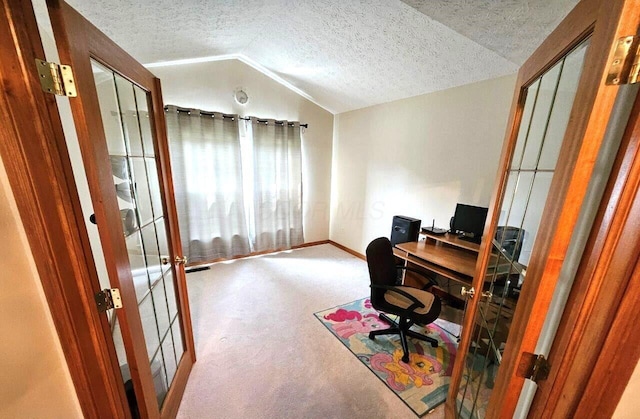 464 Highbanks Valley Dr, Newark, OH 43055 - carpeted office featuring lofted ceiling, french doors, a textured ceiling, and baseboards