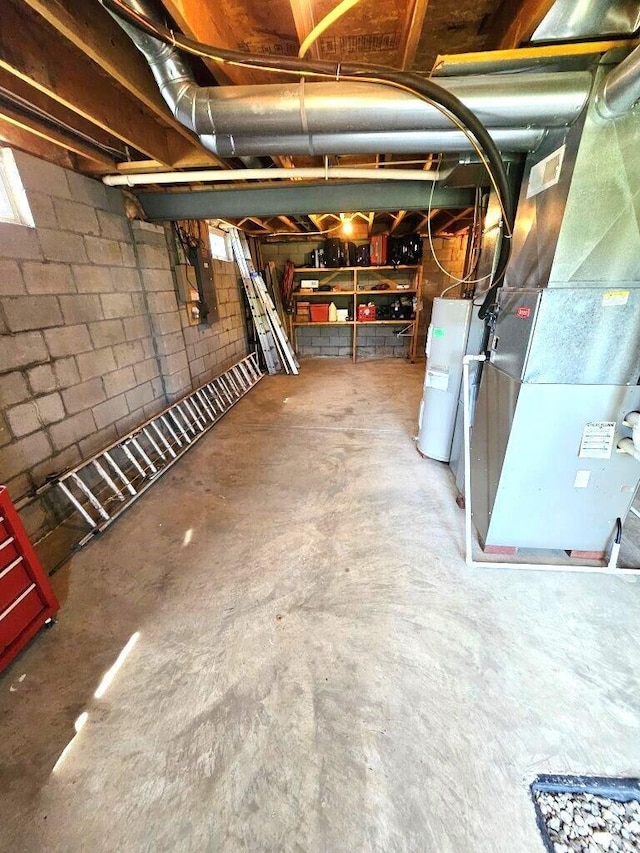 464 Highbanks Valley Dr, Newark, OH 43055 - unfinished below grade area with heating unit, concrete block wall, electric panel, and water heater