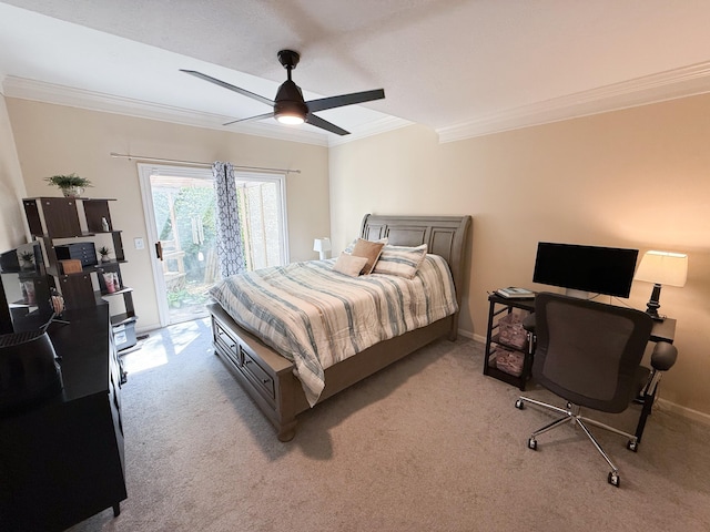 532 Woodview Rd, Westerville, OH 43081 - bedroom featuring ornamental molding, access to exterior, a desk, light carpet, and ceiling fan