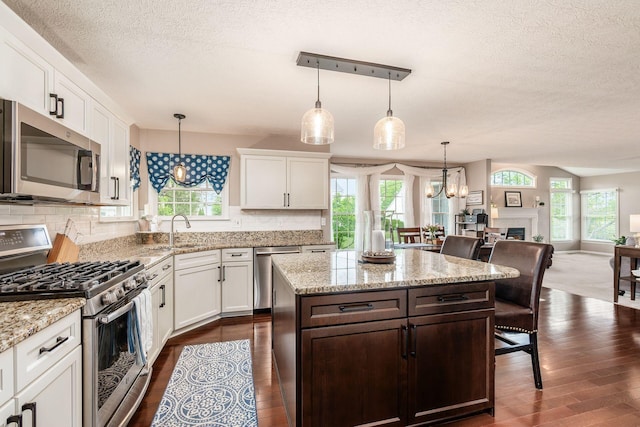 4381 Grathrine Ct, Lewis Center, OH 43035 - kitchen with stainless steel appliances, dark wood-style floors, a textured ceiling, tasteful backsplash, and open floor plan