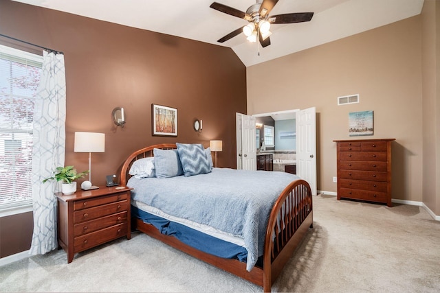 4381 Grathrine Ct, Lewis Center, OH 43035 - bedroom with baseboards, multiple windows, light carpet, high vaulted ceiling, and a ceiling fan