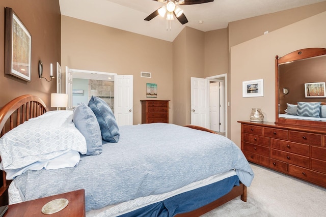 4381 Grathrine Ct, Lewis Center, OH 43035 - carpeted bedroom featuring ceiling fan, ensuite bath, and a high ceiling