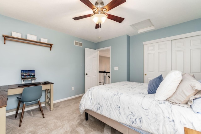 4381 Grathrine Ct, Lewis Center, OH 43035 - bedroom with light colored carpet, attic access, a closet, baseboards, and an office area