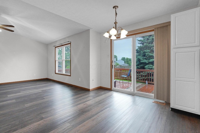 7209 Oliver Winchester Dr, Canal Winchester, OH 43110 - unfurnished room with a chandelier, dark wood finished floors, baseboards, ceiling fan, and vaulted ceiling