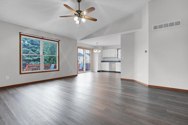 7209 Oliver Winchester Dr, Canal Winchester, OH 43110 - unfurnished living room with lofted ceiling, dark wood-style flooring, healthy amount of natural light, and a ceiling fan