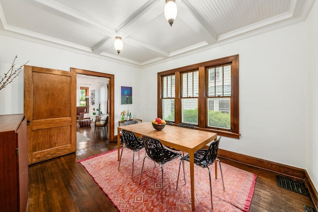 dining space with dark wood-style floors, baseboards, coffered ceiling, beam ceiling, and crown molding