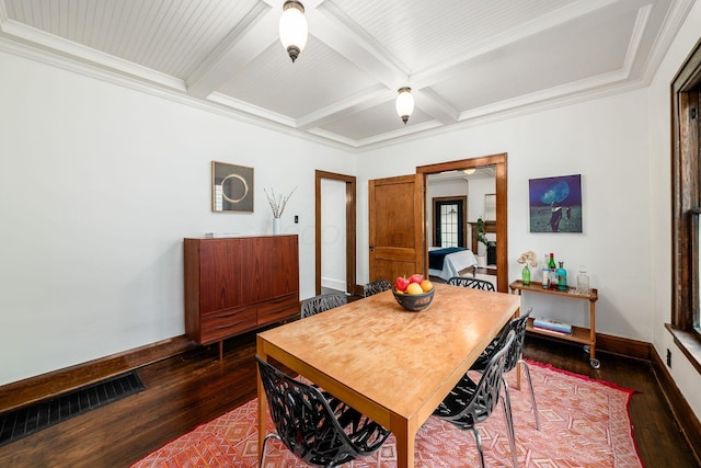dining space featuring dark wood-type flooring, coffered ceiling, beam ceiling, baseboards, and crown molding