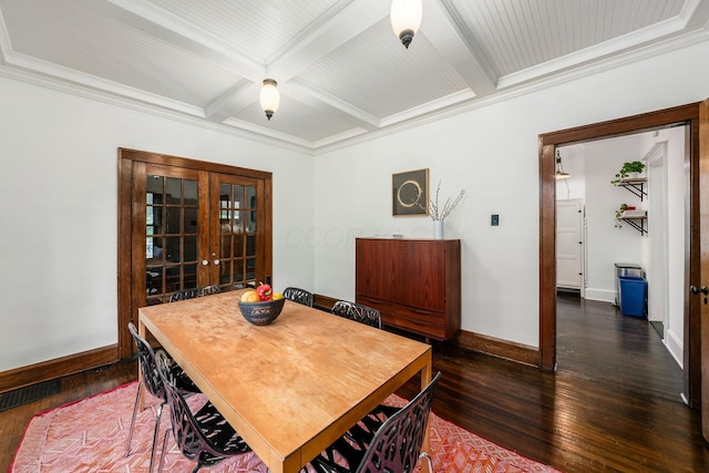 dining area featuring french doors, baseboards, coffered ceiling, wood finished floors, and beam ceiling