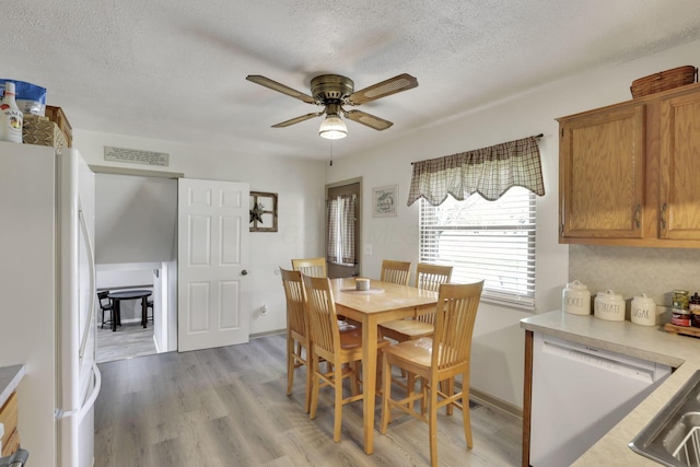 dining room with a ceiling fan, a textured ceiling, and light wood-style floors