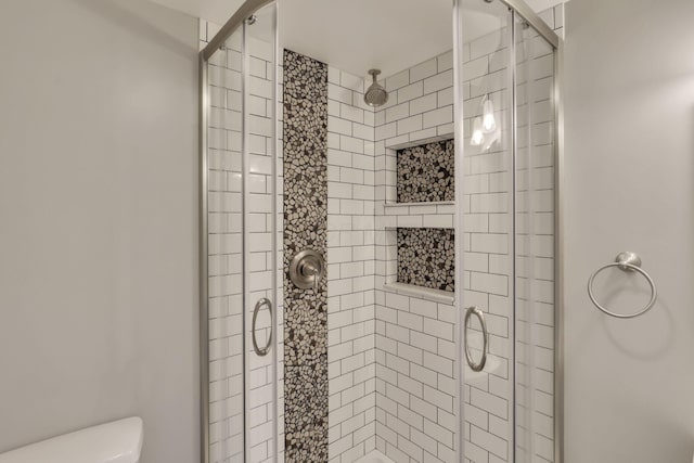 full bathroom with toilet and a stall shower