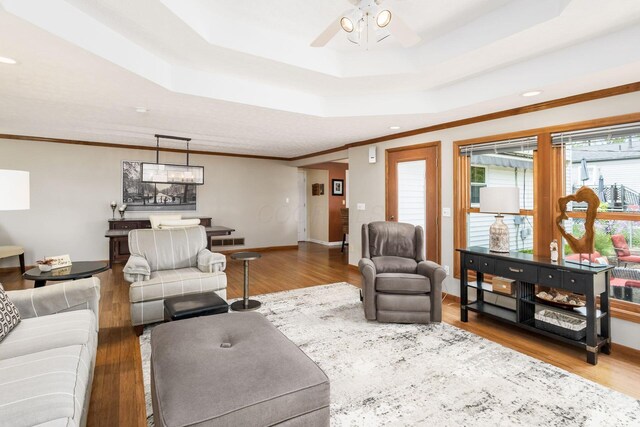 3690 Christopher Pl, Grove City, OH 43123 - living area with a raised ceiling, wood finished floors, ceiling fan, baseboards, and recessed lighting