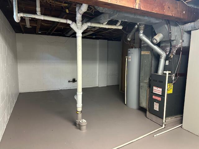 3128 Parsons Ave, Columbus, OH 43207 - unfinished basement featuring gas water heater, heating unit, and concrete block wall