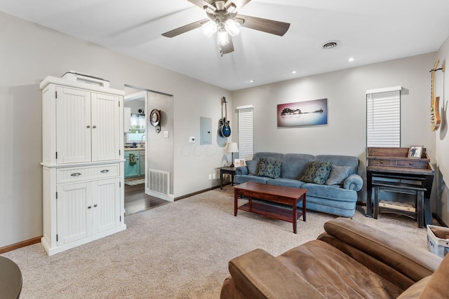 259 Merriman Dr, West Jefferson, OH 43162 - carpeted living room with ceiling fan, baseboards, electric panel, and recessed lighting
