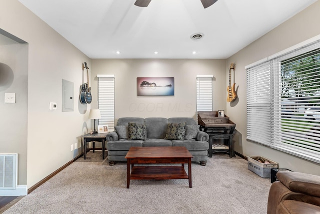 259 Merriman Dr, West Jefferson, OH 43162 - living area with healthy amount of natural light, a ceiling fan, recessed lighting, baseboards, and carpet