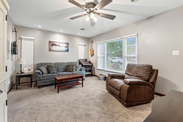 259 Merriman Dr, West Jefferson, OH 43162 - living area featuring light carpet, a ceiling fan, recessed lighting, and baseboards