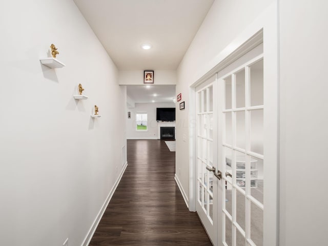 418 Amethyst Ct, Delaware, OH 43015 - hallway with dark wood-type flooring, baseboards, french doors, and recessed lighting