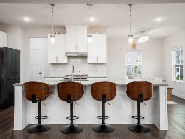 418 Amethyst Ct, Delaware, OH 43015 - kitchen with freestanding refrigerator, under cabinet range hood, decorative backsplash, a center island with sink, and white cabinetry