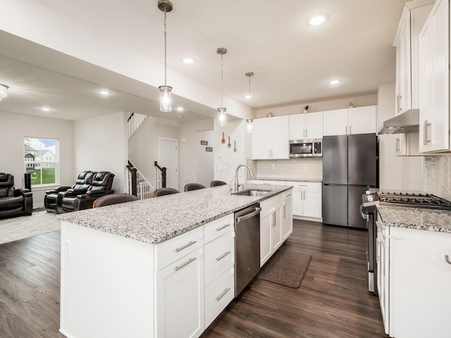 418 Amethyst Ct, Delaware, OH 43015 - kitchen featuring appliances with stainless steel finishes, a sink, under cabinet range hood, tasteful backsplash, and recessed lighting