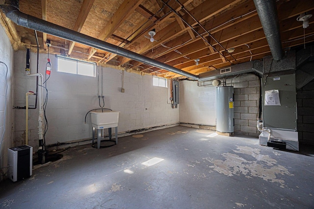 9721 State Rte 521, Sunbury, OH 43074 - below grade area featuring water heater, a sink, healthy amount of natural light, and electric panel
