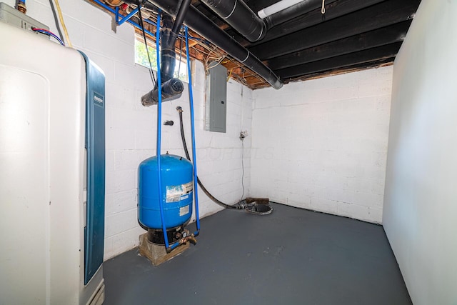 2814 Nesbitt Rd, Caledonia, OH 43314 - below grade area with electric panel, a water pressure tank, and concrete block wall