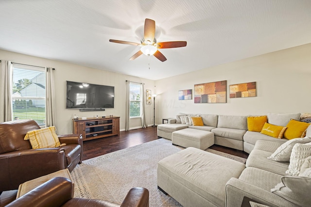607 Green Forest Pl, Lithopolis, OH 43136 - living room with a ceiling fan, dark wood-style flooring, and baseboards