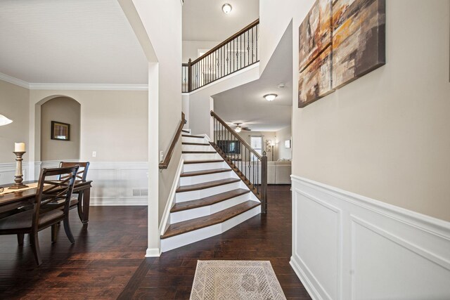 607 Green Forest Pl, Lithopolis, OH 43136 - stairway with arched walkways, wainscoting, ornamental molding, wood finished floors, and ceiling fan