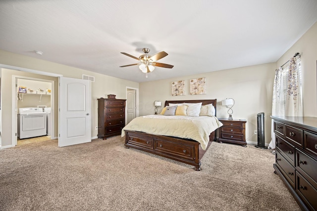 607 Green Forest Pl, Lithopolis, OH 43136 - bedroom with separate washer and dryer, light colored carpet, ceiling fan, and baseboards