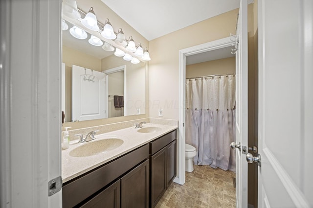 607 Green Forest Pl, Lithopolis, OH 43136 - full bathroom featuring toilet, double vanity, stone finish flooring, and a shower with shower curtain