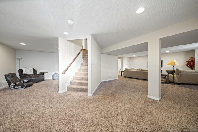 607 Green Forest Pl, Lithopolis, OH 43136 - finished basement featuring carpet, stairway, baseboards, and recessed lighting