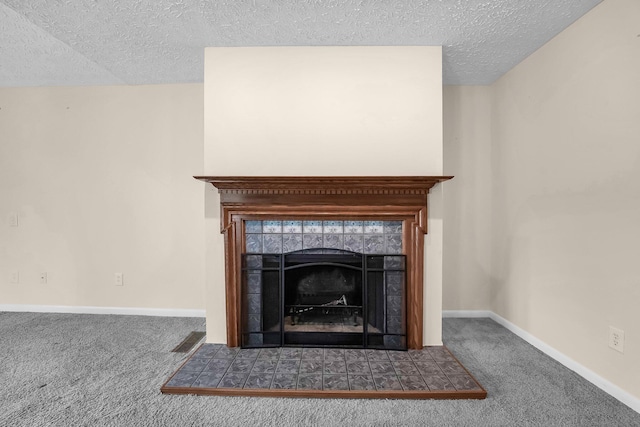 1235 Belle Meade Pl, Westerville, OH 43081 - detailed view of carpet flooring, baseboards, a textured ceiling, and a tile fireplace