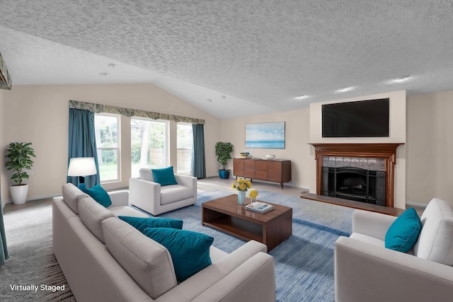 1235 Belle Meade Pl, Westerville, OH 43081 - carpeted living room with vaulted ceiling, a tile fireplace, a textured ceiling, and baseboards