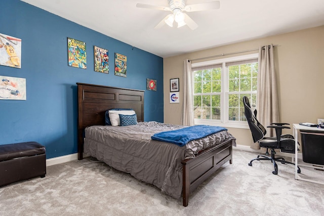 bedroom with carpet, baseboards, a desk, and ceiling fan