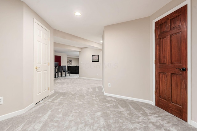 entrance foyer with light carpet, recessed lighting, and baseboards