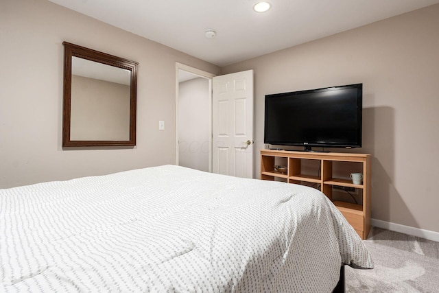 carpeted bedroom with baseboards and recessed lighting
